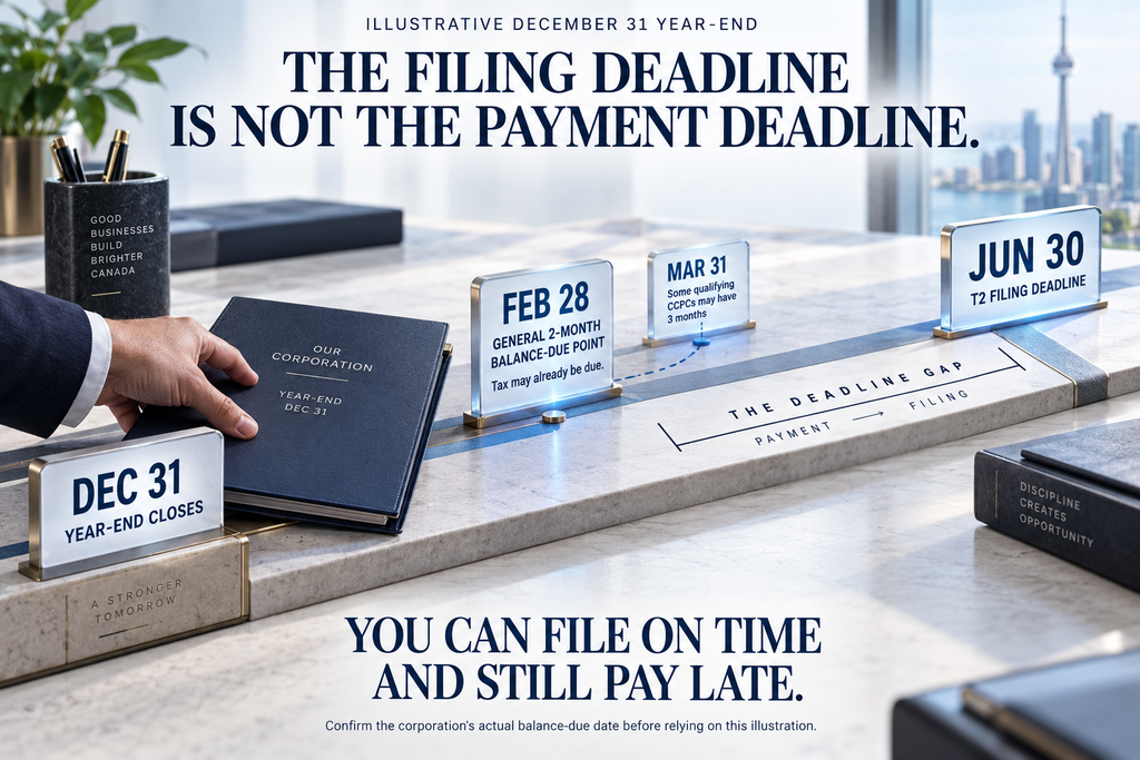 T2 filing deadline vs corporate tax payment deadline Canada