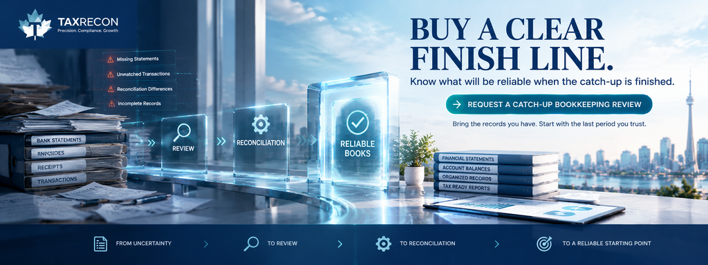 TaxRecon catch-up bookkeeping review showing the process of turning incomplete historical records into reconciled books.