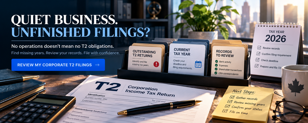 Inactive corporation T2 filing review with outstanding returns and records checklist